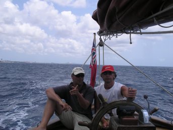 Mike and Stuart on the wheel leaving Bonaire