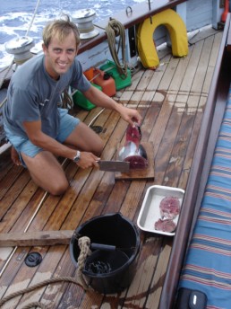 Chopping steaks from the tuna