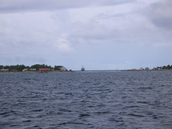 Looking back at the pass with navy boat in it