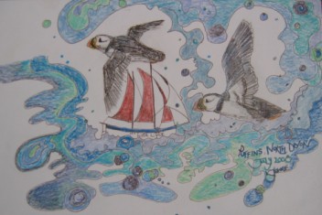 Puffins fly the waves, by KL