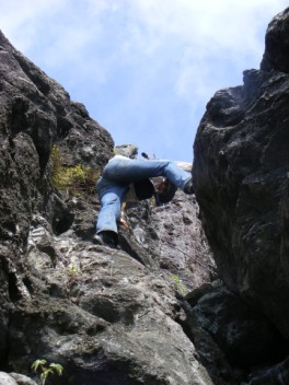 Fiona scaling Diamond Rock's ramparts