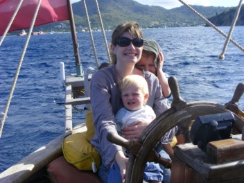 Vicky at helm with Max and George